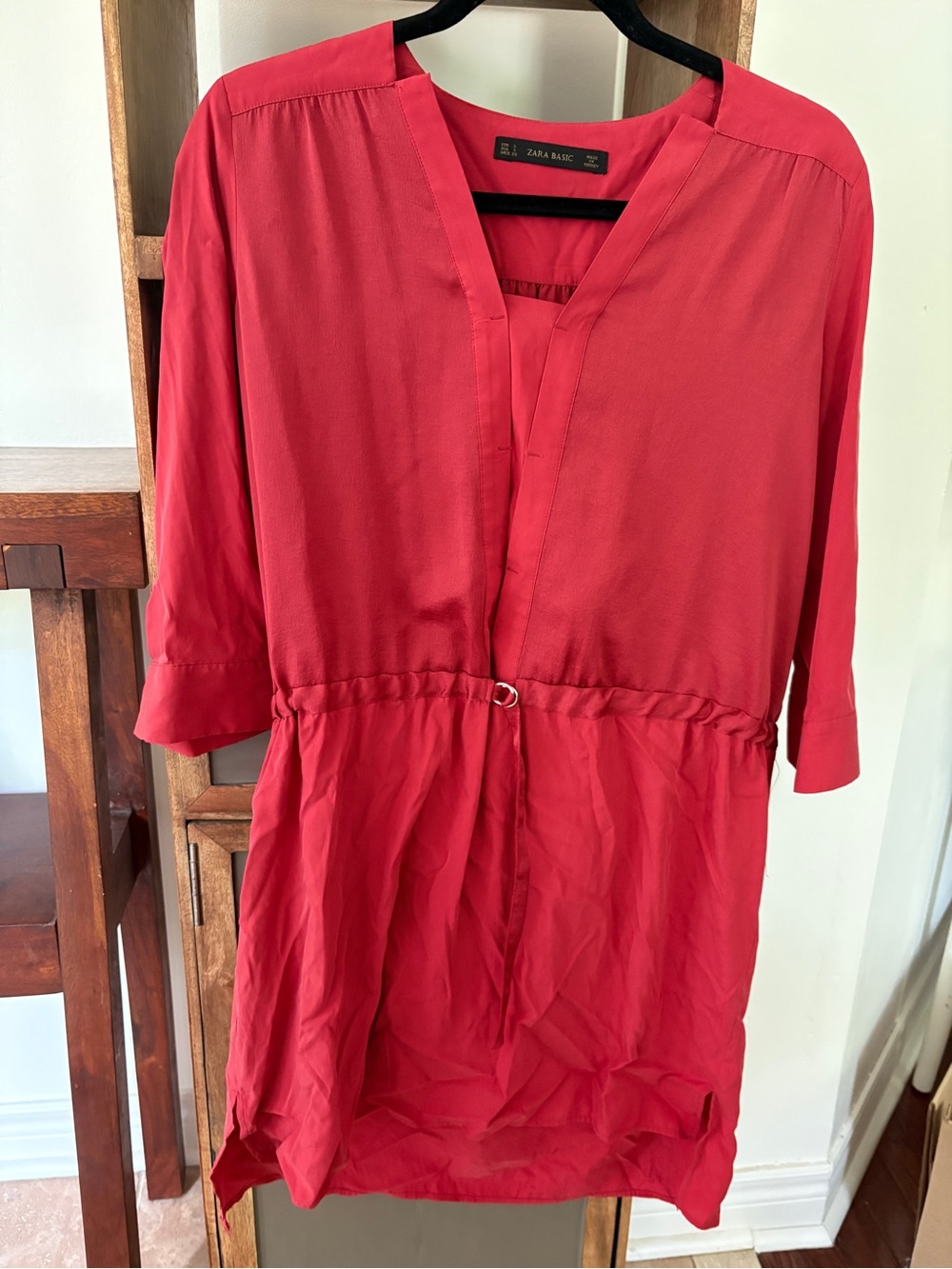 Zara Coral-Red V-Neck Drawstring Tunic dress